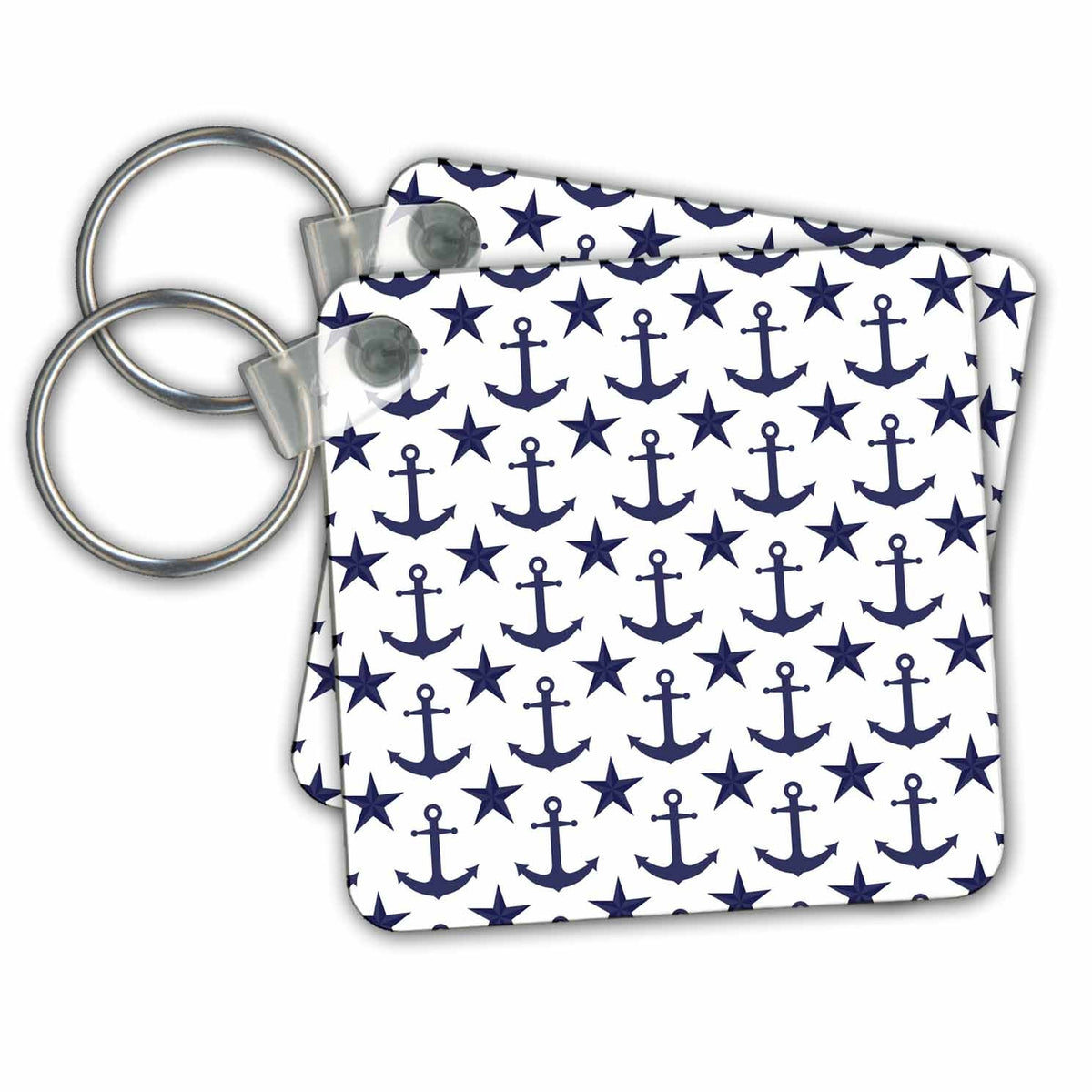 Key Chain - Navy Blue and White Anchor and Nautical Star Pattern Designs Nautical