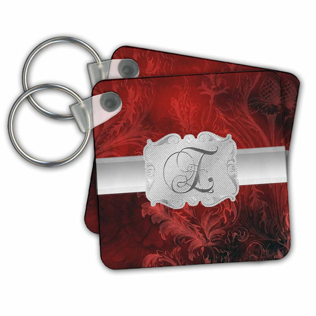 3dRose Key Chains Letter E, Lavish Red Leaf Print with Silver Frame (kc-212795-1)