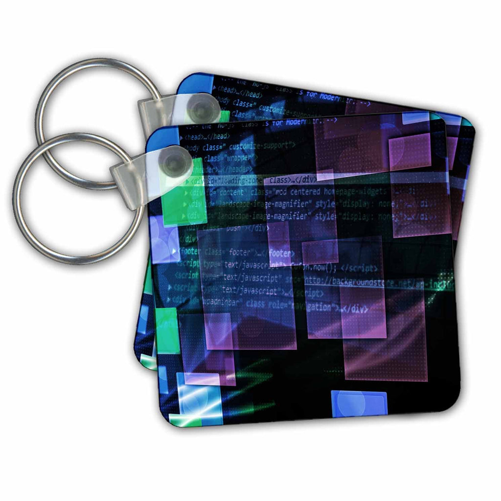 3dRose Key Chains Purple, Blue, Green Floating Technical Squares With Internet Coding (kc-213603-1)