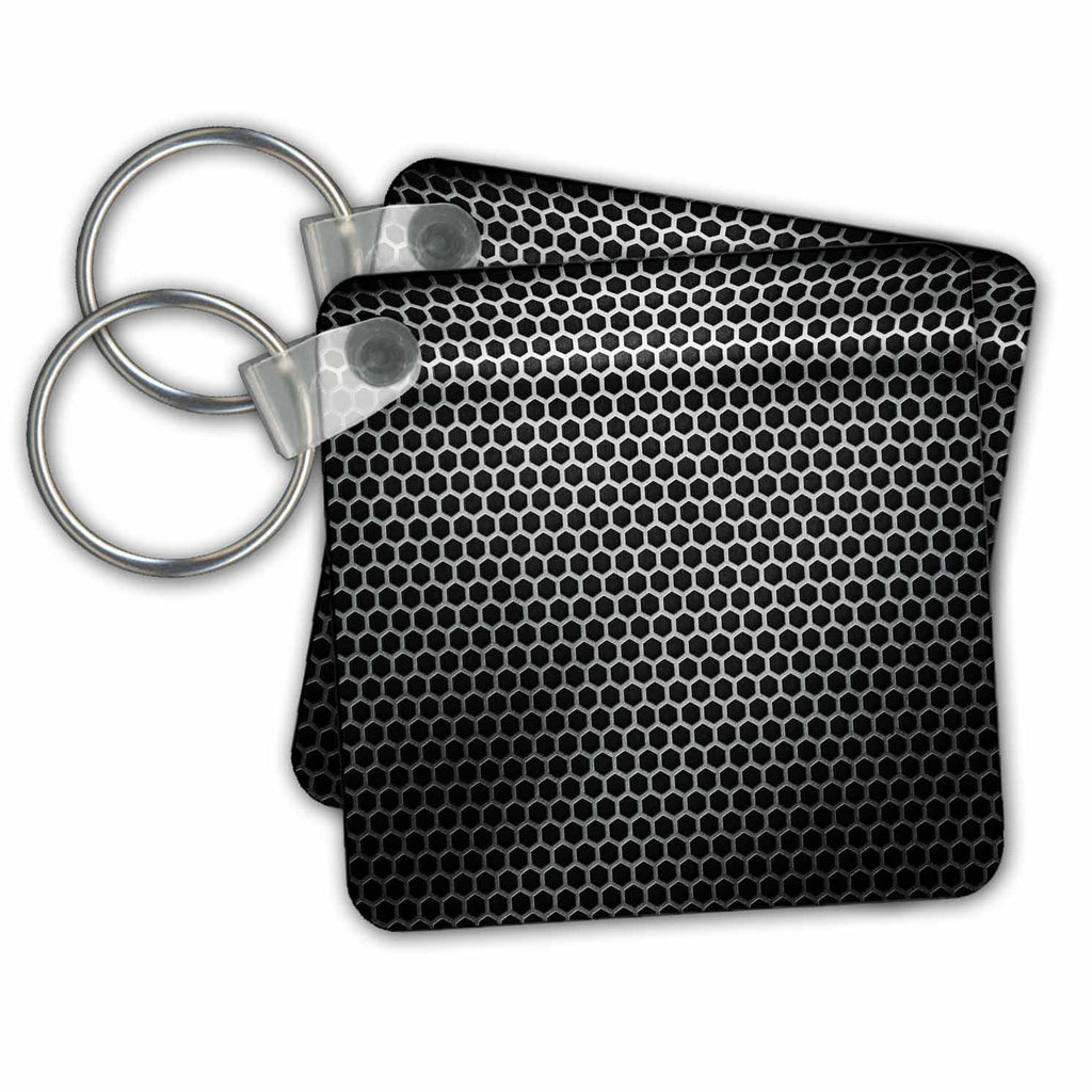 Key Chain - Silver and Black Metal Effect Hexagon Pattern Metals