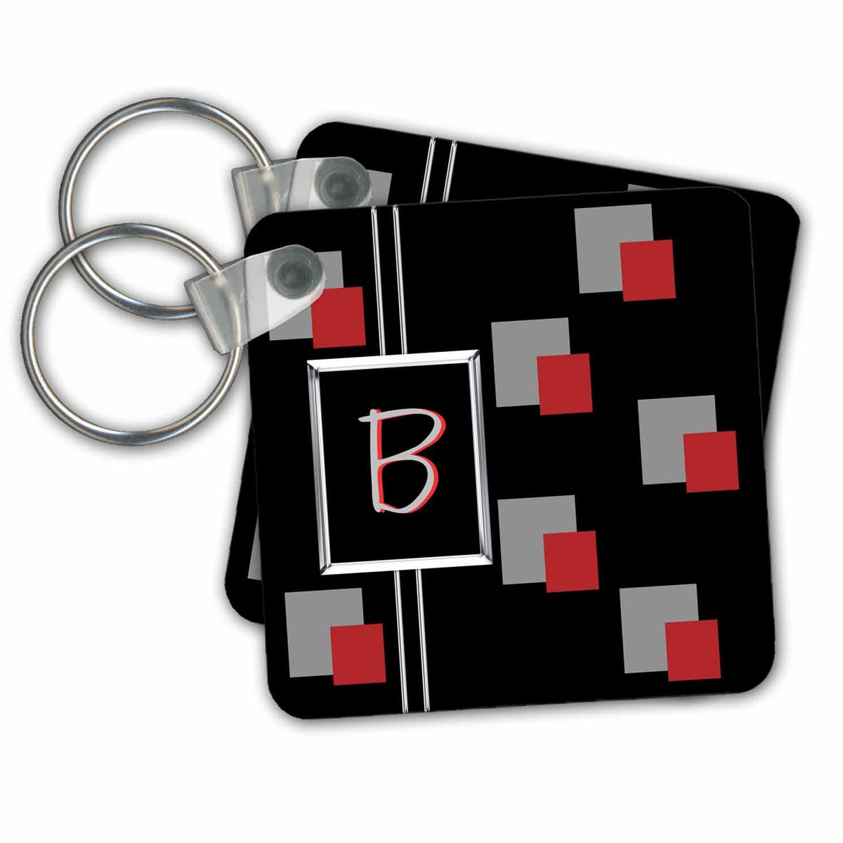 Key Chain - Modern Geometric Black Red Grey Square Pattern Monogram Letter B CW Designs Monogram - Squares