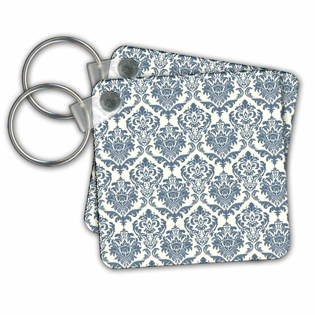 3dRose Key Chains Elegant Steel Blue Damask Pattern (kc-215623-1)
