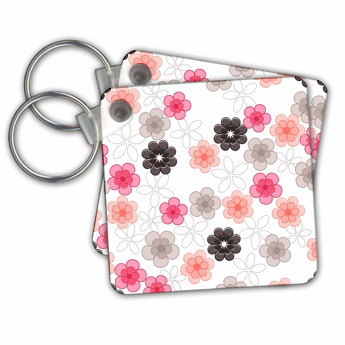 3dRose Key Chains Pretty Pink and Charcoal Gray Layered Flowers Pattern (kc-215642-1)