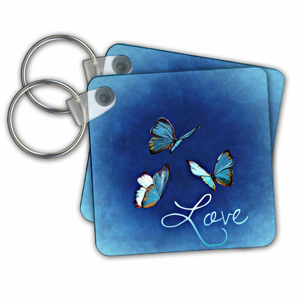 3dRose Key Chains Love Style with Butterfly and Blue Background (kc-236721-1)