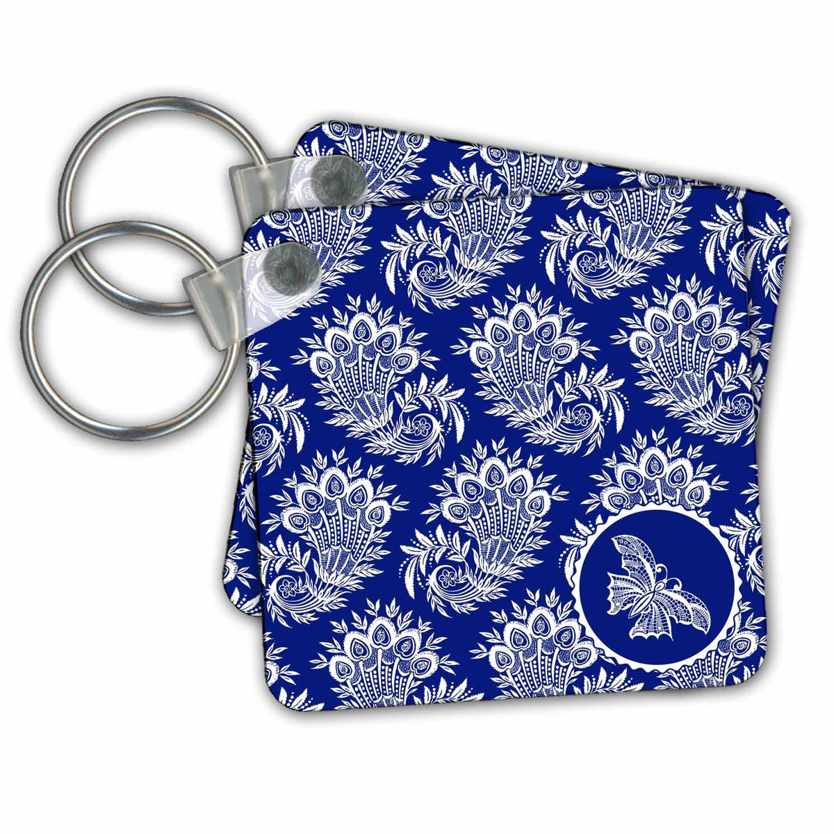 Key Chain - Royal Blue and White Peacock Feather Pattern Designs