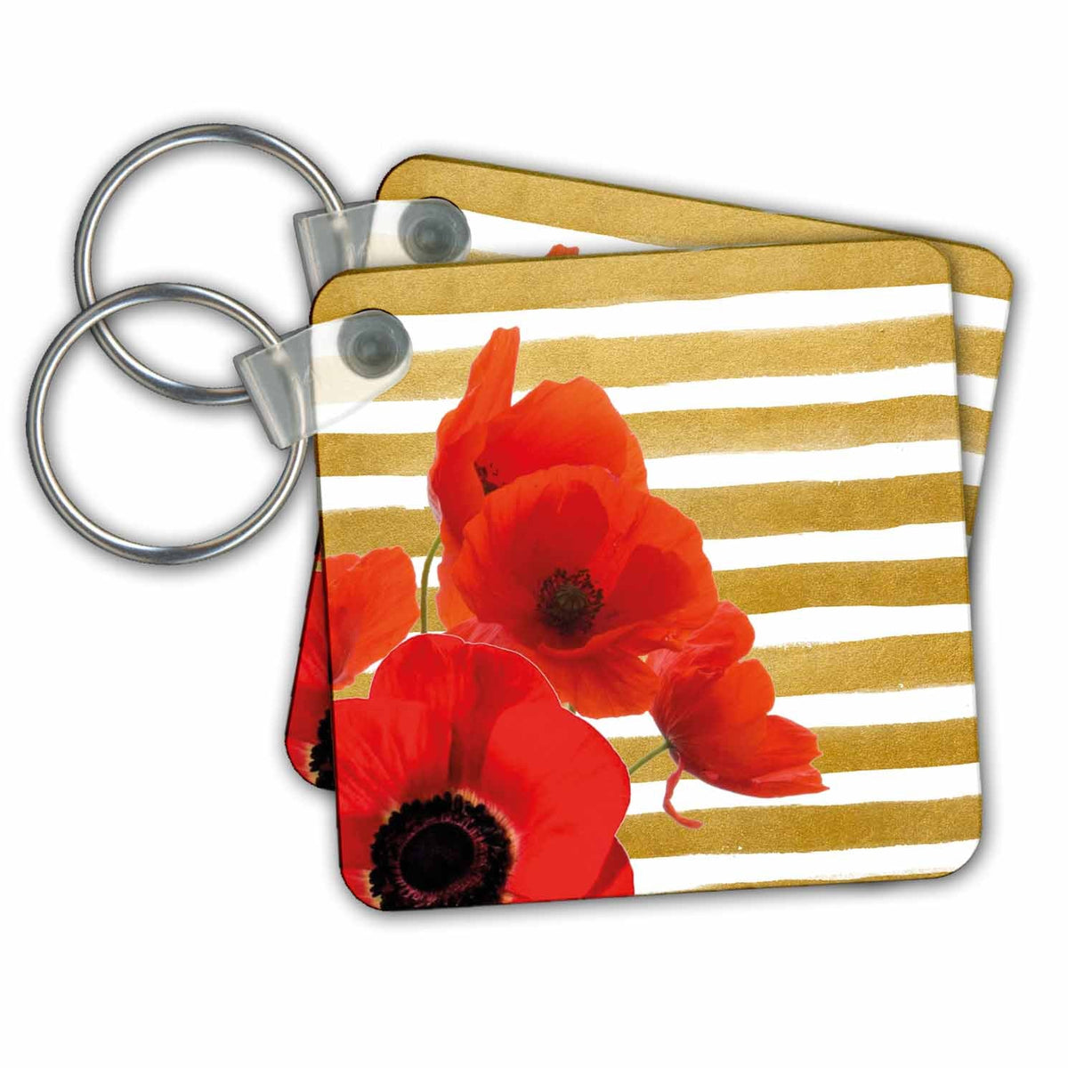 Key Chain - Golden Stripes With Orange Poppies Floral