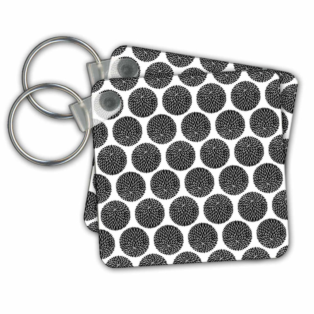 3dRose Key Chains Black Circular Leaf Pattern on White Background (kc-238699-1)