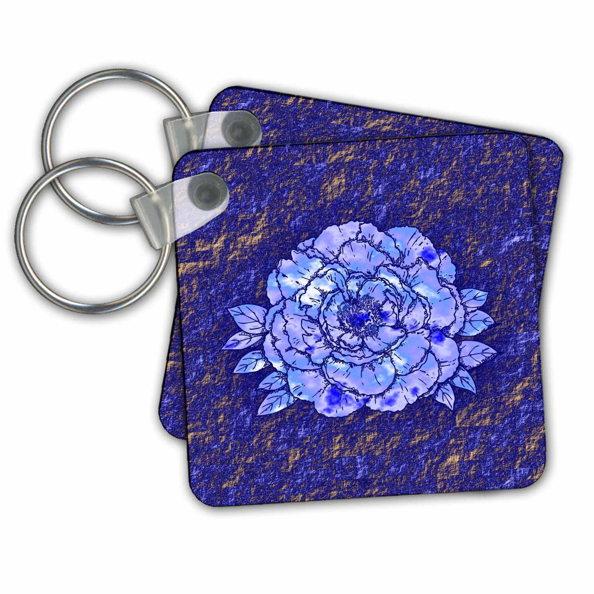 Key Chain - Blue Watercolor Rose over Blue Gold Granite Effect Background Designs