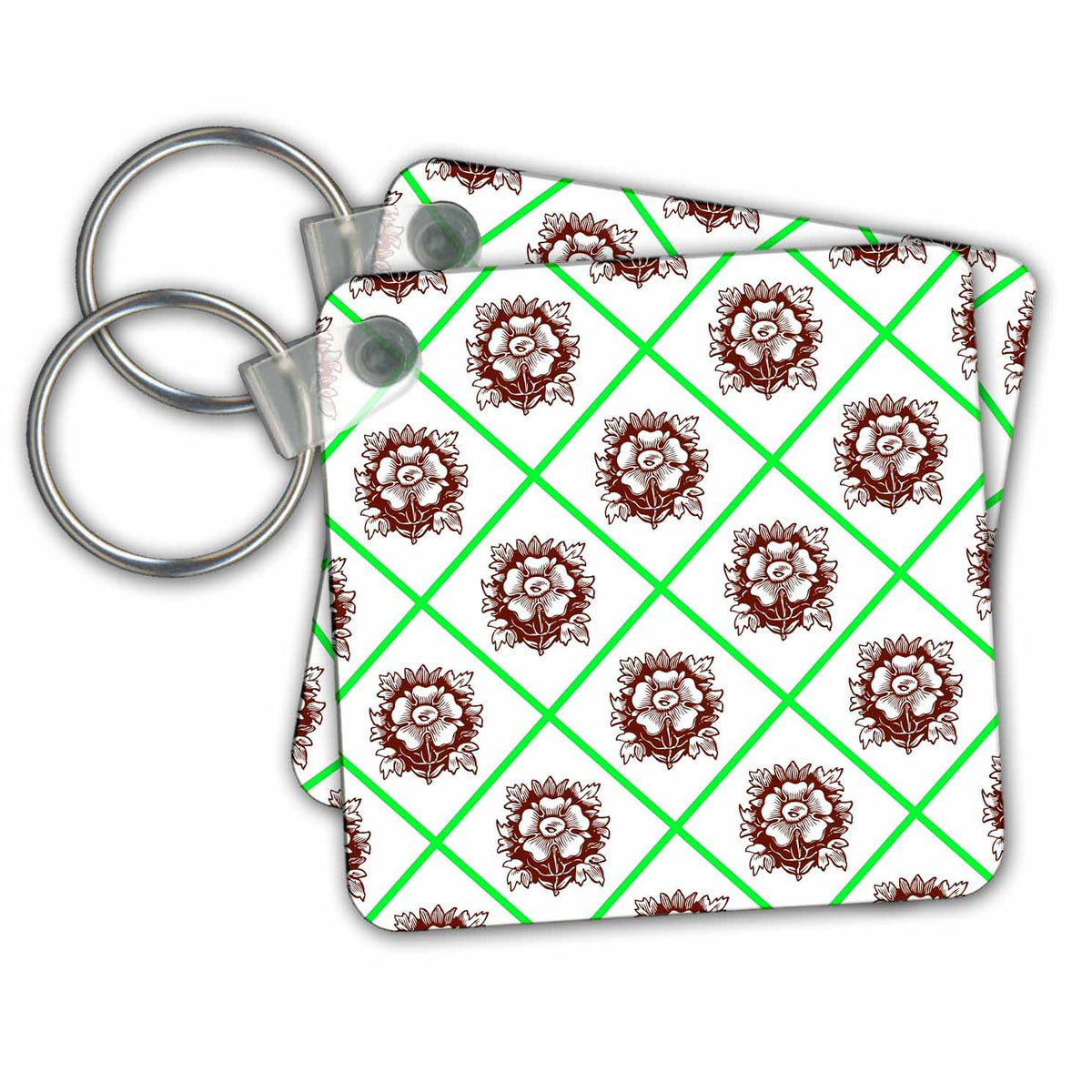 Key Chain - Brown Tudor Rose Pattern with Green Diagonals Patterns