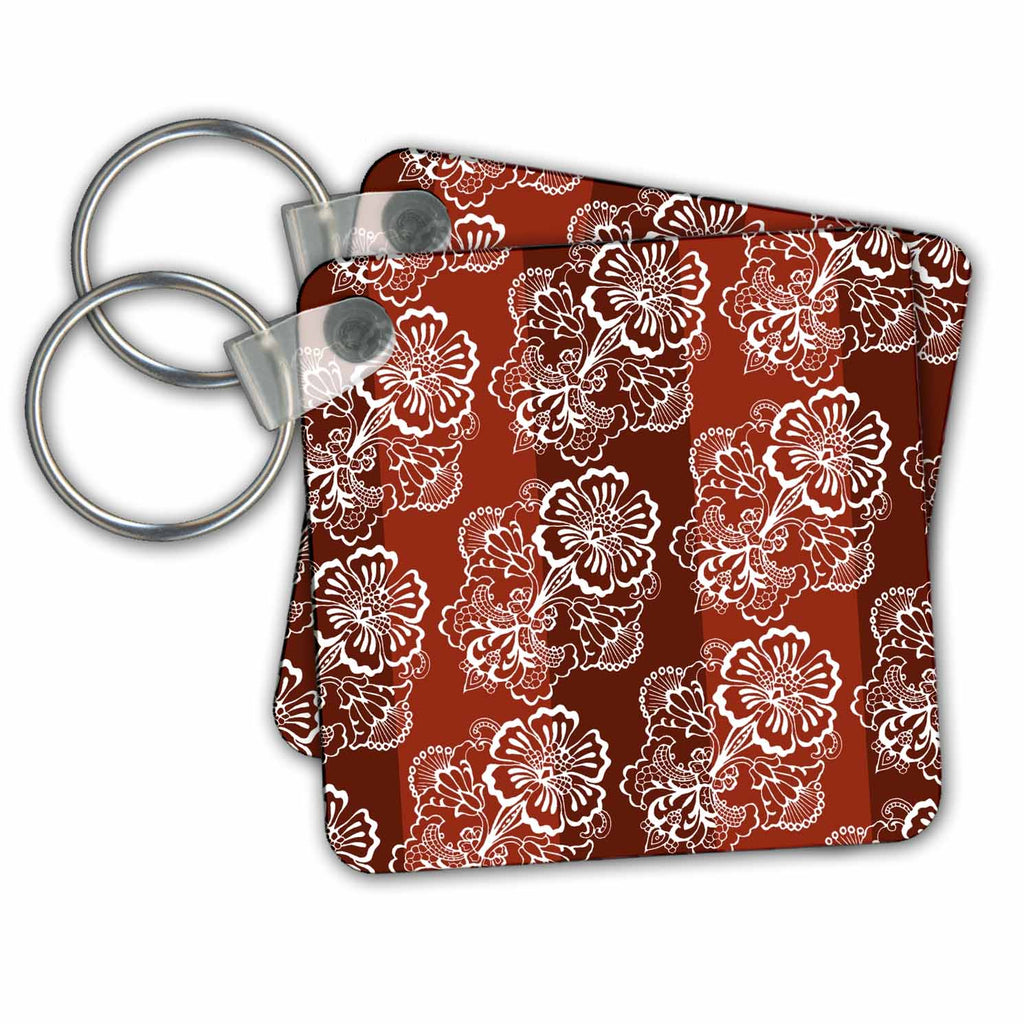 3dRose Key Chains White Floral over Jumbo Reddish Brown Stripe (kc-238843-1)