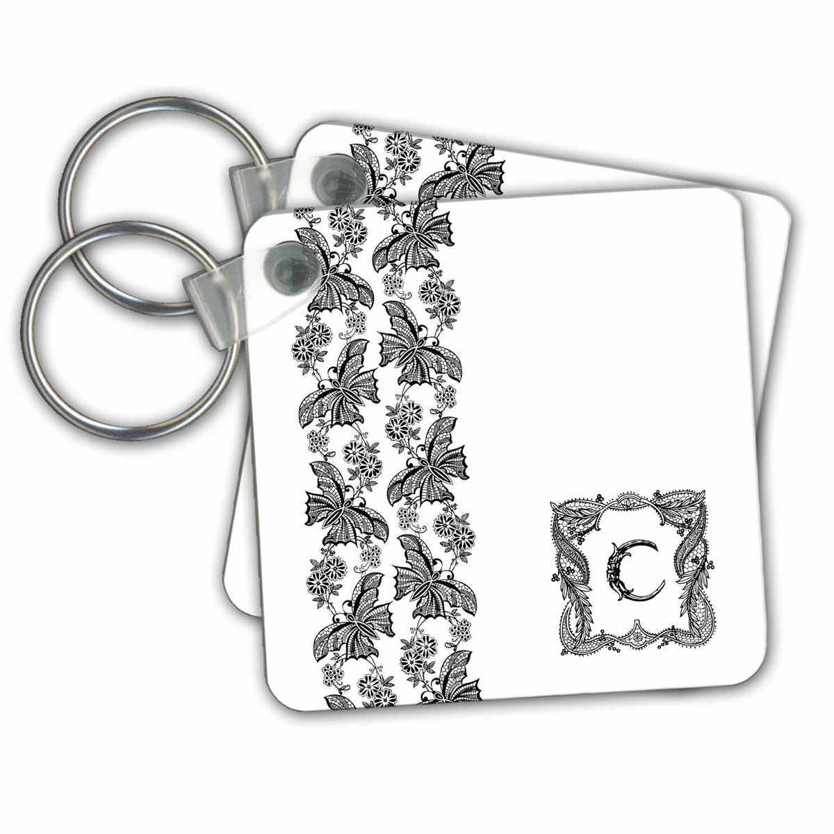3dRose Key Chains Monogram Initial C in Black Lace with Butterfly Detail (kc-239002-1)