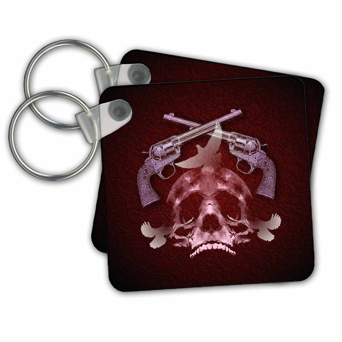 Key Chain - Crossed Handguns with Skull and Doves in Red Designs