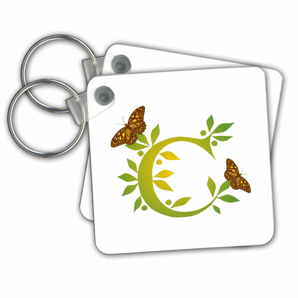 3dRose Key Chains Monogram Initial C in Leafy Green and Yellow with Butterflies (kc-239126-1)