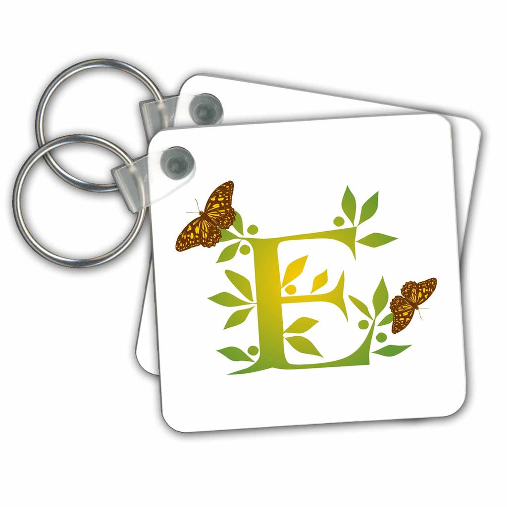 3dRose Key Chains Monogram Initial E in Leafy Green and Yellow with Butterflies (kc-239128-1)