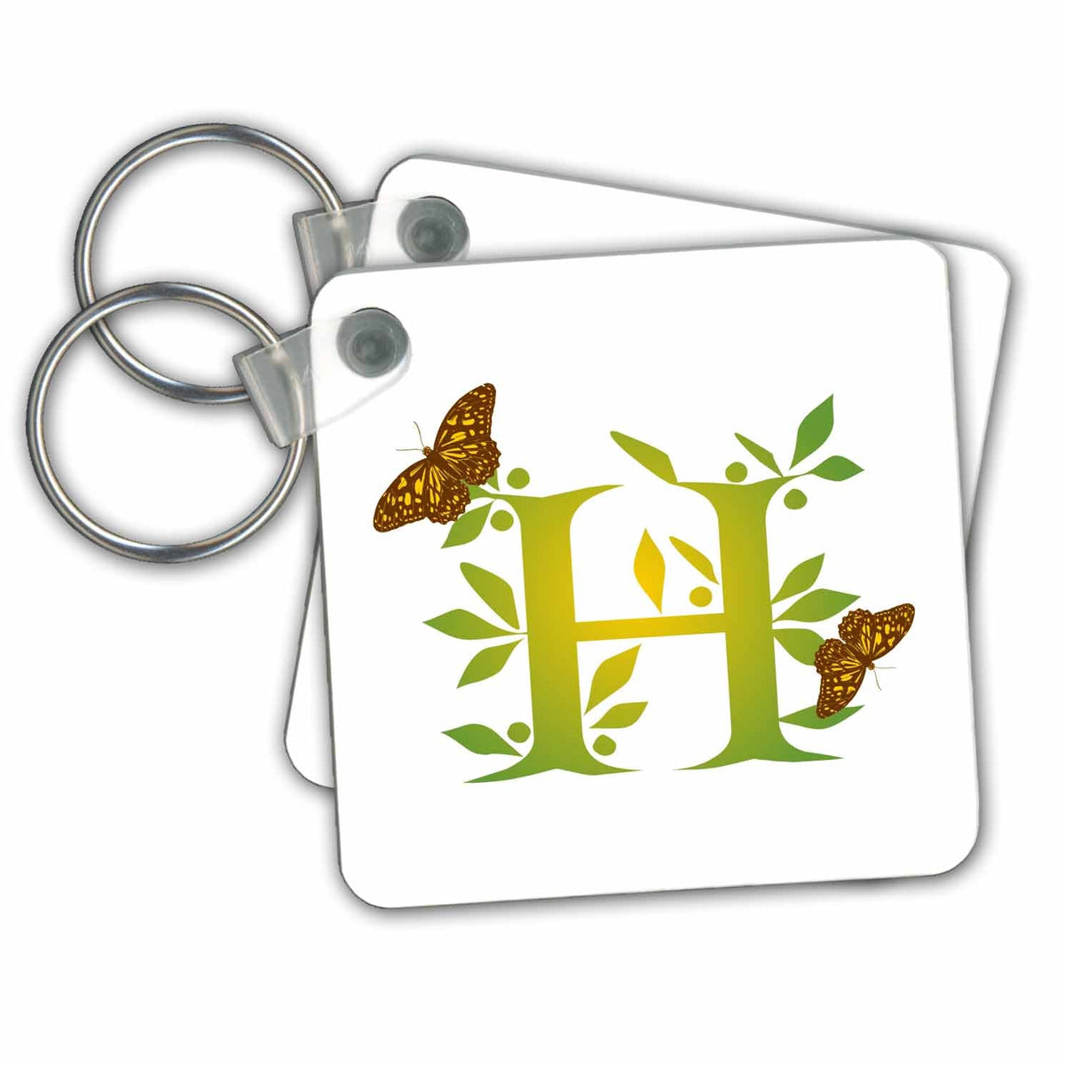 Key Chain - Monogram Initial H in Leafy Green and Yellow with Butterflies Monograms- Leafy Initial H