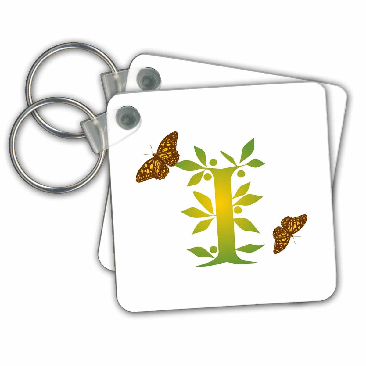 Key Chain - Monogram Initial I in Leafy Green and Yellow with Butterflies Monograms- Leafy Initial I