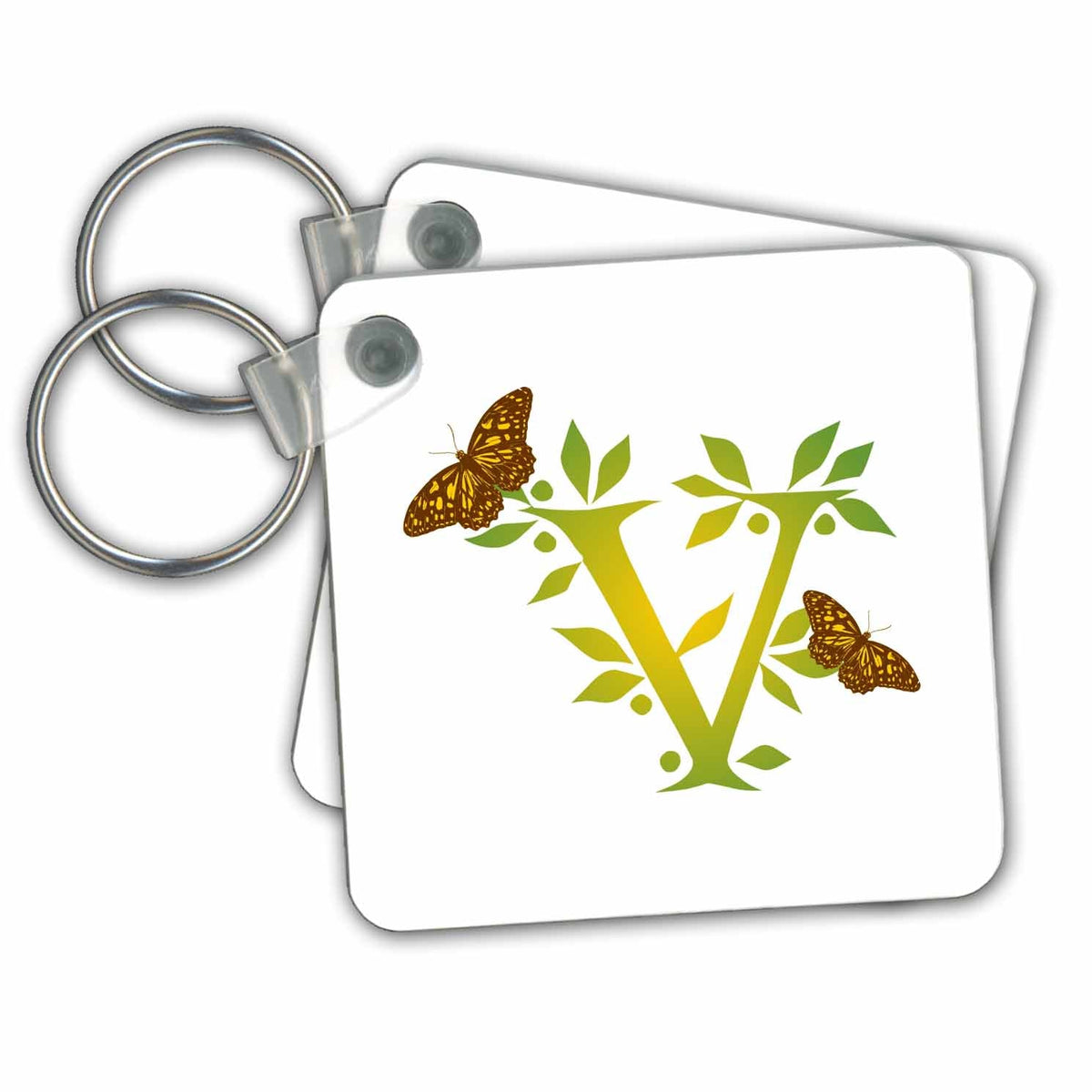 Key Chain - Monogram Initial V in Leafy Green and Yellow with Butterflies Monograms- Leafy Initial V