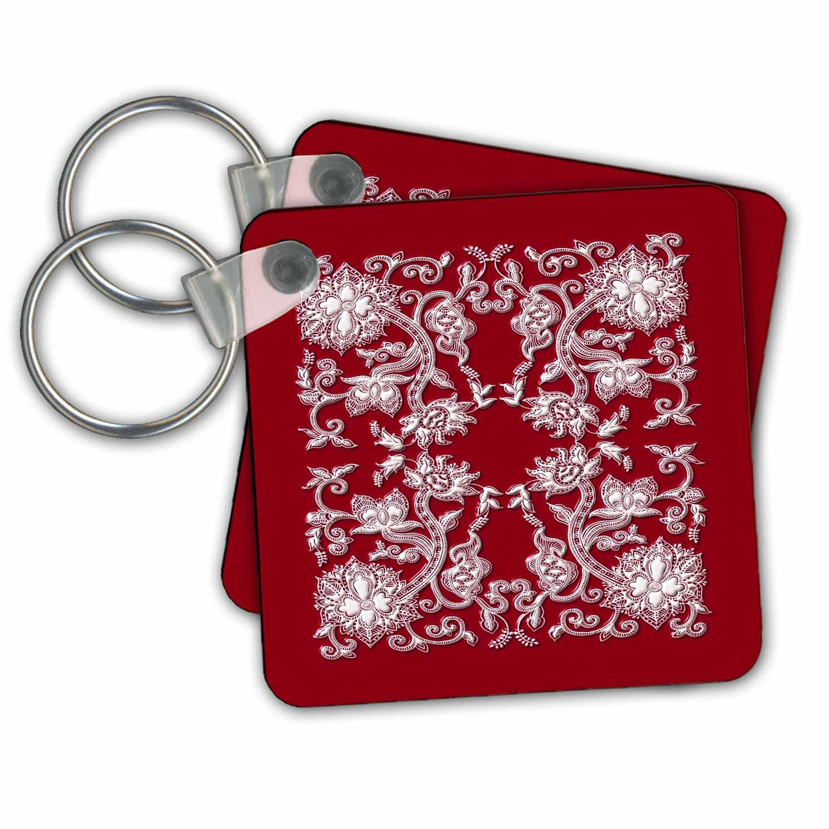 3dRose Key Chains Chinese Flower Design in White on Red (kc-239154-1)