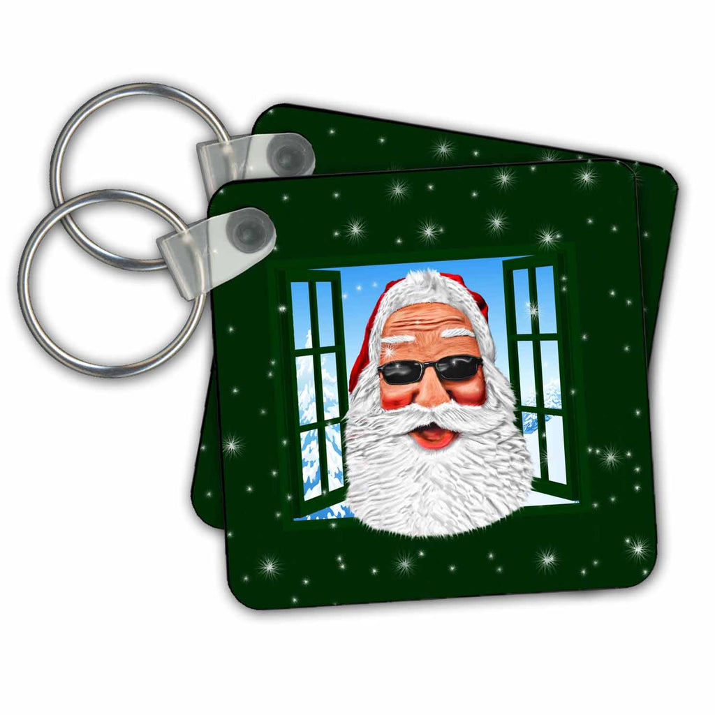 3dRose Key Chains Cool Santa in Sunglasses Looking Through Window with Snow (kc-239261-1)