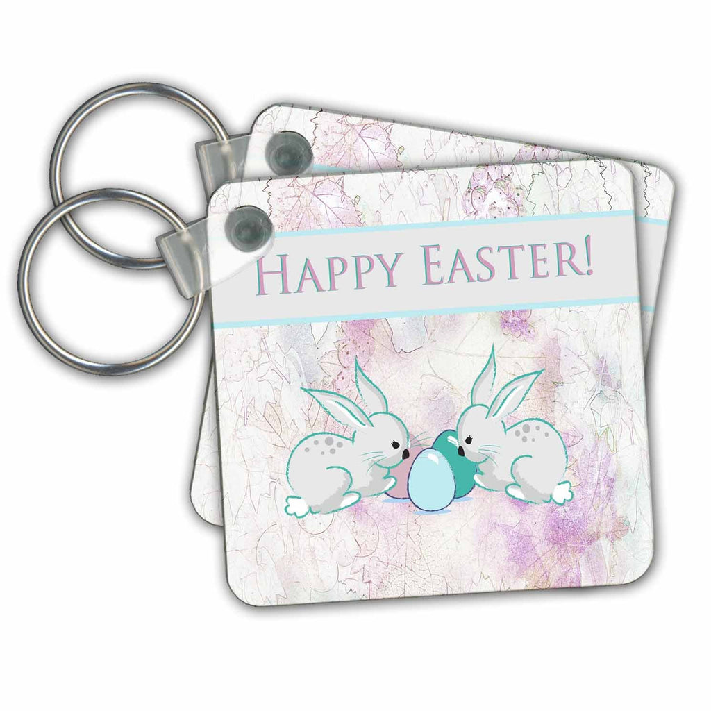 3dRose Key Chains Cute Bunnies with Easter Eggs, Pastel Pink Background, Happy Easter (kc-239558-1)