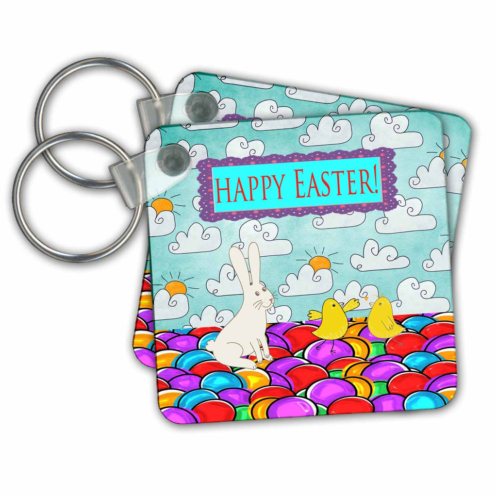 3dRose Key Chains Bunny and Chicks on Bright Colorful Egg Ground, Clouds, Happy Easter (kc-239559-1)
