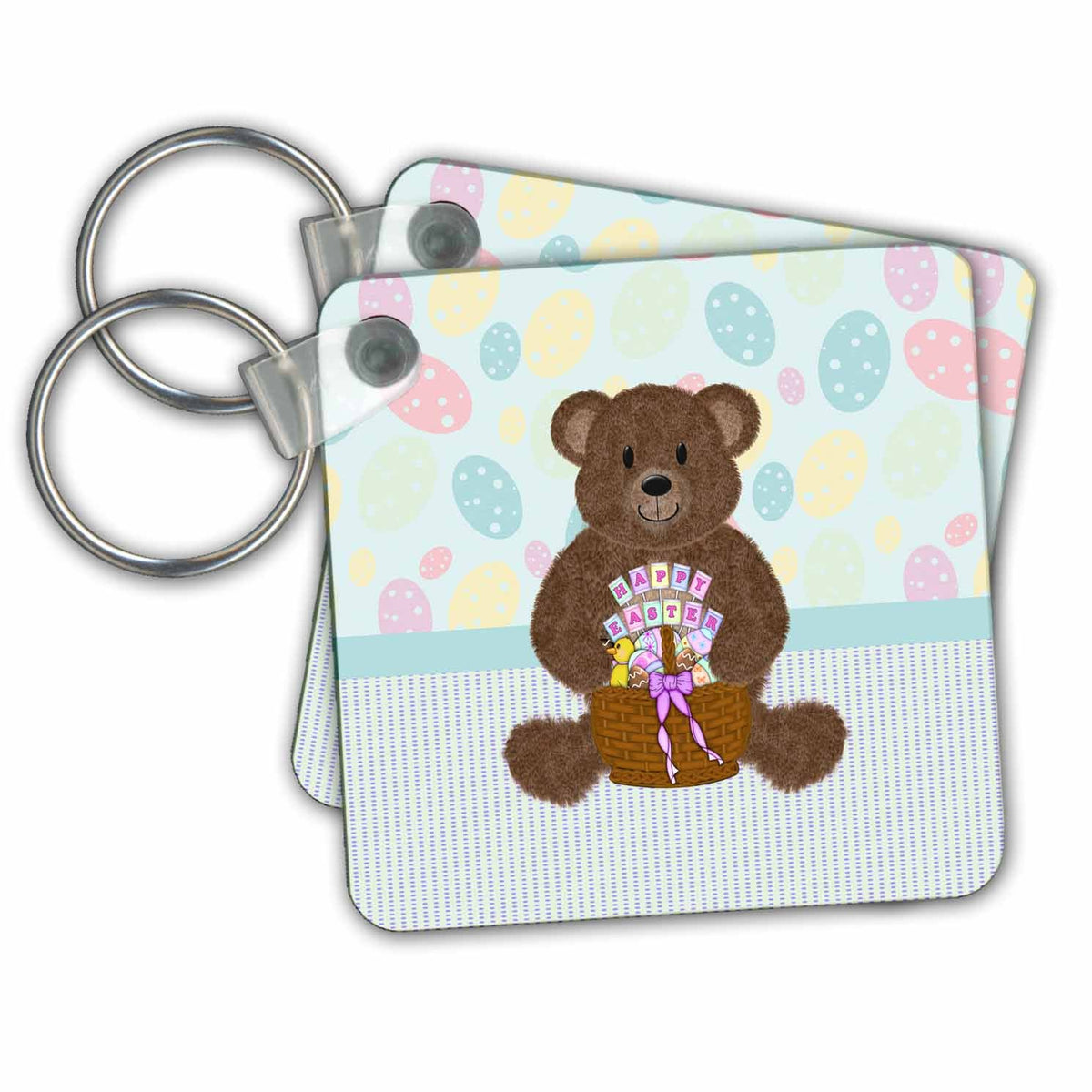 Key Chain - Brown Bear Sitting with Easter Basket, Happy Easter. Egg Wallpaper Easter Design and Photography