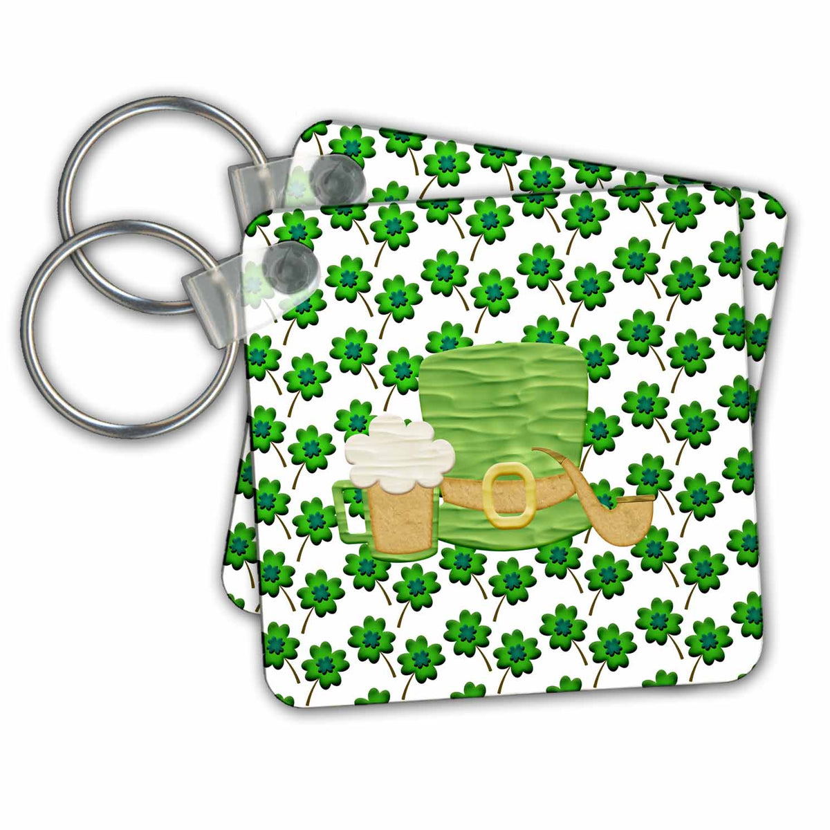 Key Chain - Beer Mug, Hat, and Pipe, Shamrocks Background, Green, Brown St Patrick Day Design