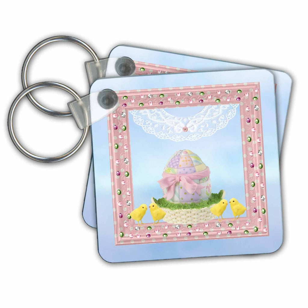 3dRose Key Chains Beautiful Egg, Bow, Yellow Chicks, Lace, Gems, Flower, Happy Easter (kc-239604-1)