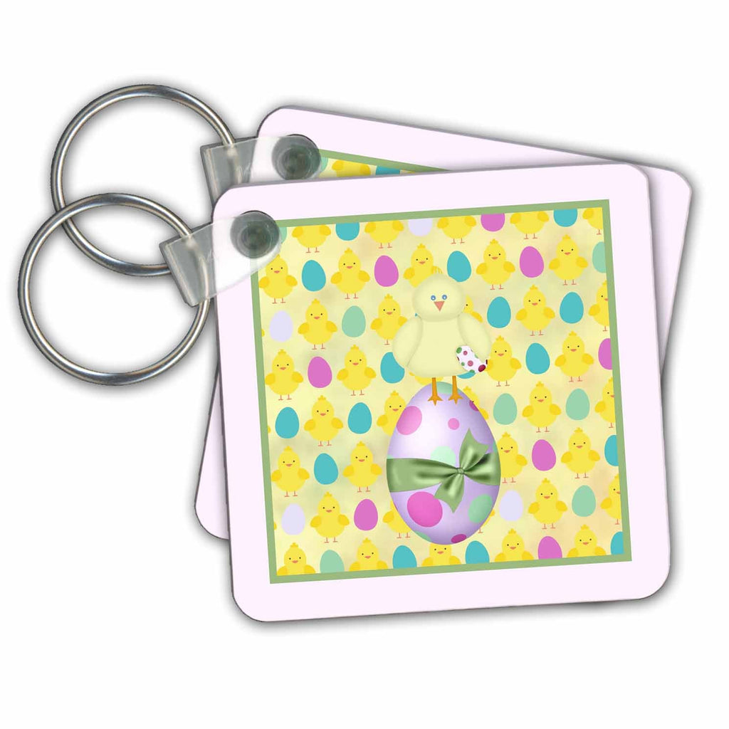3dRose Key Chains Yellow Chick Standing on Dotted Easter Egg, Chicks and Eggs Background (kc-239605-1)