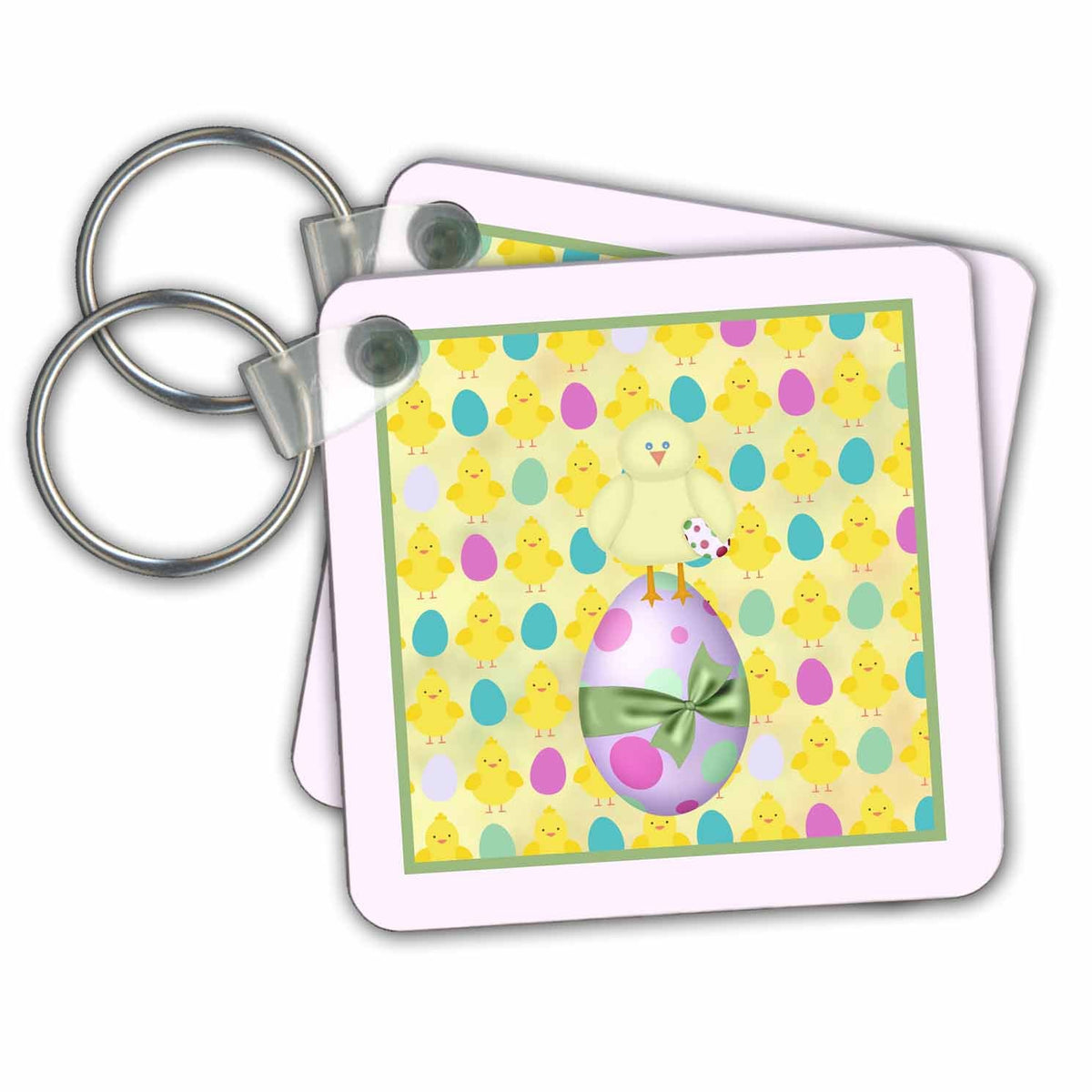 3dRose Key Chains Yellow Chick Standing on Dotted Easter Egg, Chicks and Eggs Background (kc-239605-1)