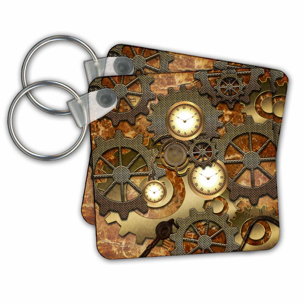 3dRose Key Chains Steampunk clocks gears in golden design (kc-239732-1)