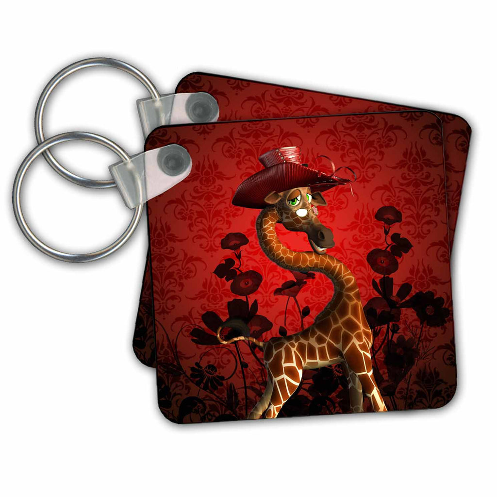 3dRose Key Chains The lady funny giraffe with hat red background (kc-239735-1)