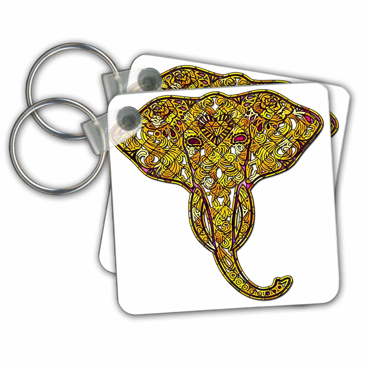 Key Chain - Exotic Patterned Yellow and Pink Elephant Face Wild Animals