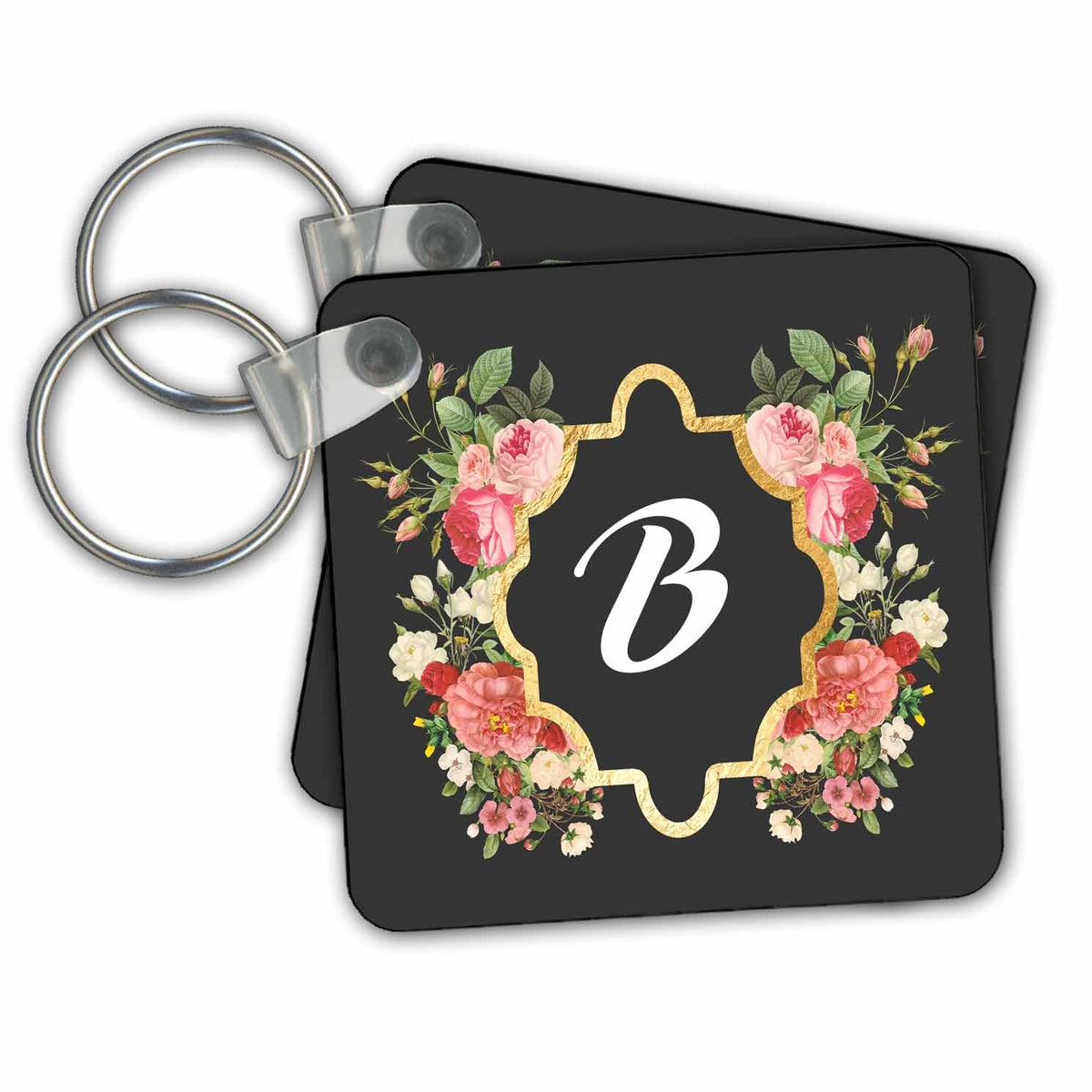 Key Chain - Chic Monogram Letter B In A Gold Floral Frame Monogram