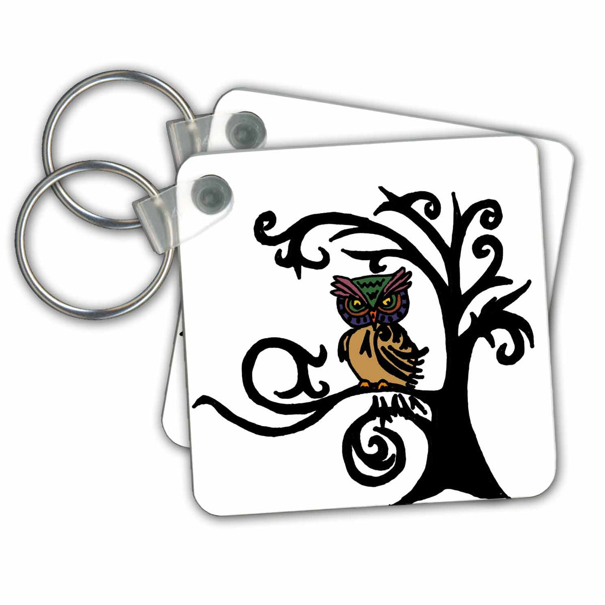 Key Chain - Owl in Tree Tribal Art Style Birds