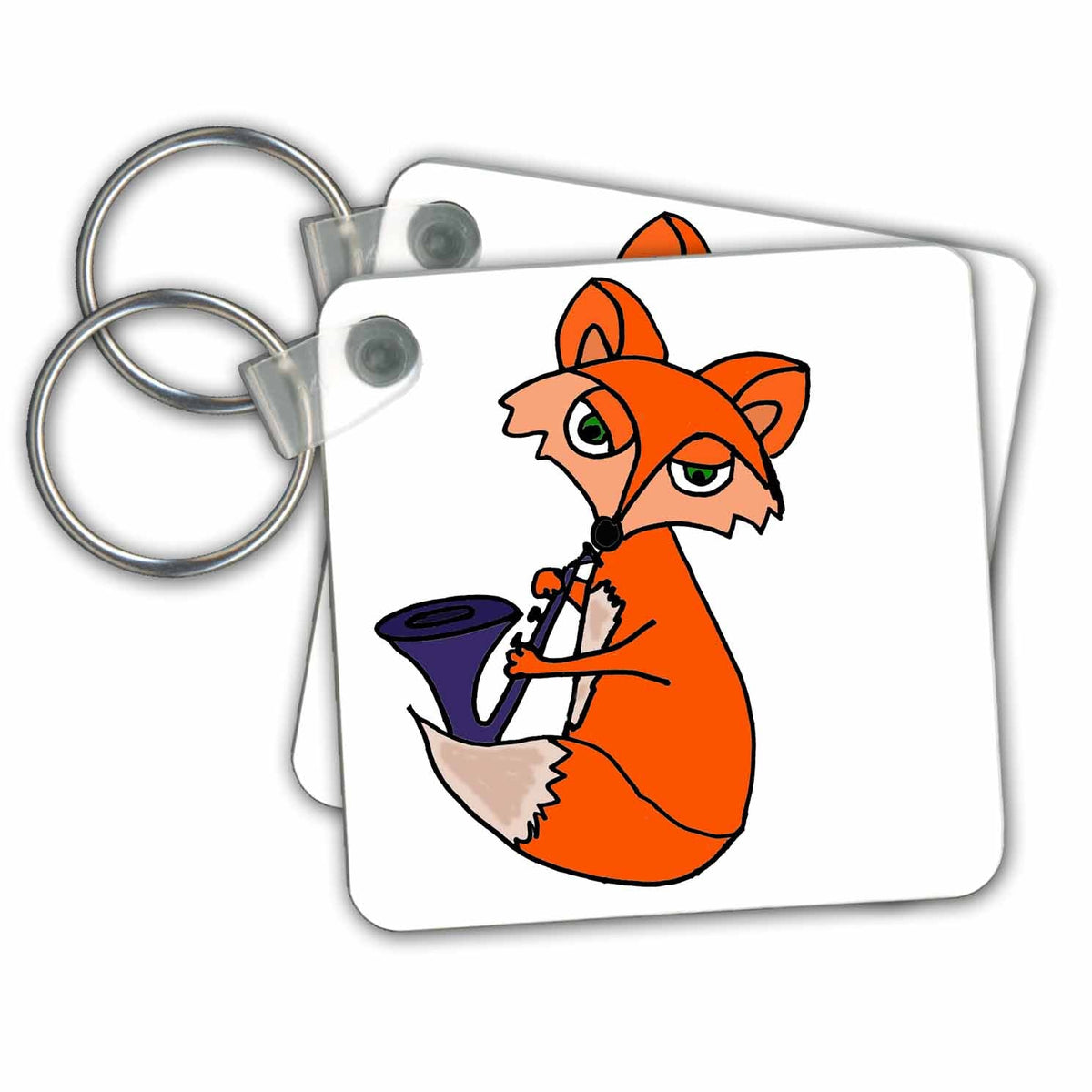 Key Chain - Funny Cool Red Fox Playing Blue Saxophone Music and Animals
