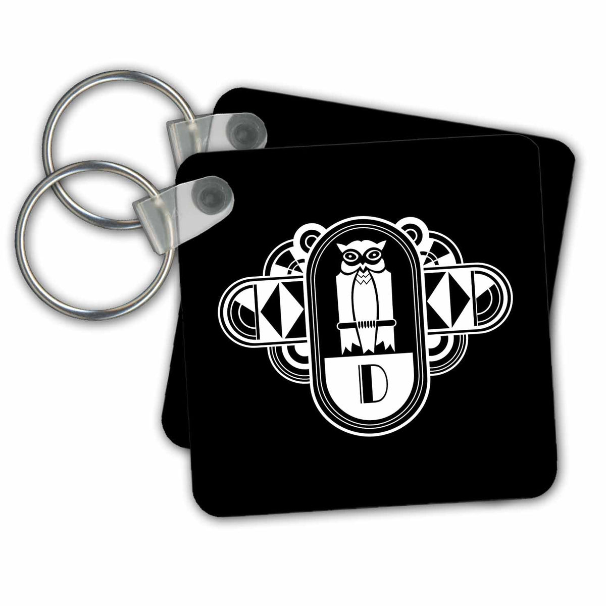 3dRose Key Chains White on Black Art Deco Owl Monogram Letter D (kc-241259-1)