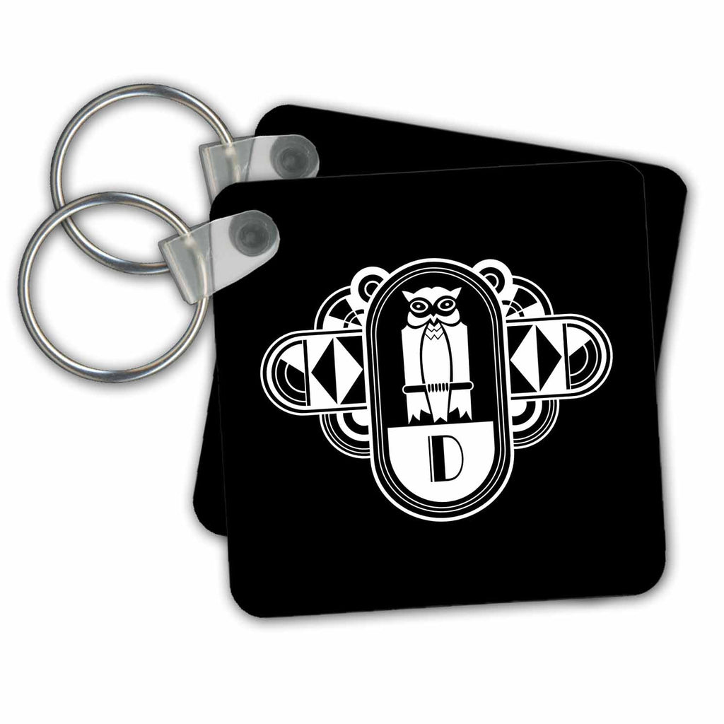 3dRose Key Chains White on Black Art Deco Owl Monogram Letter D (kc-241259-1)