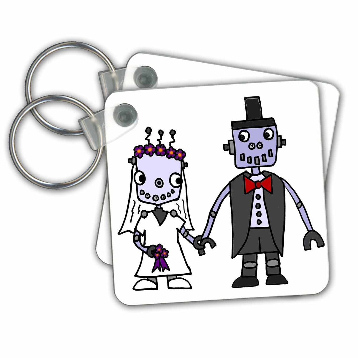 Key Chain - Funny Cool Robot Bride and Groom Wedding Cartoon Love