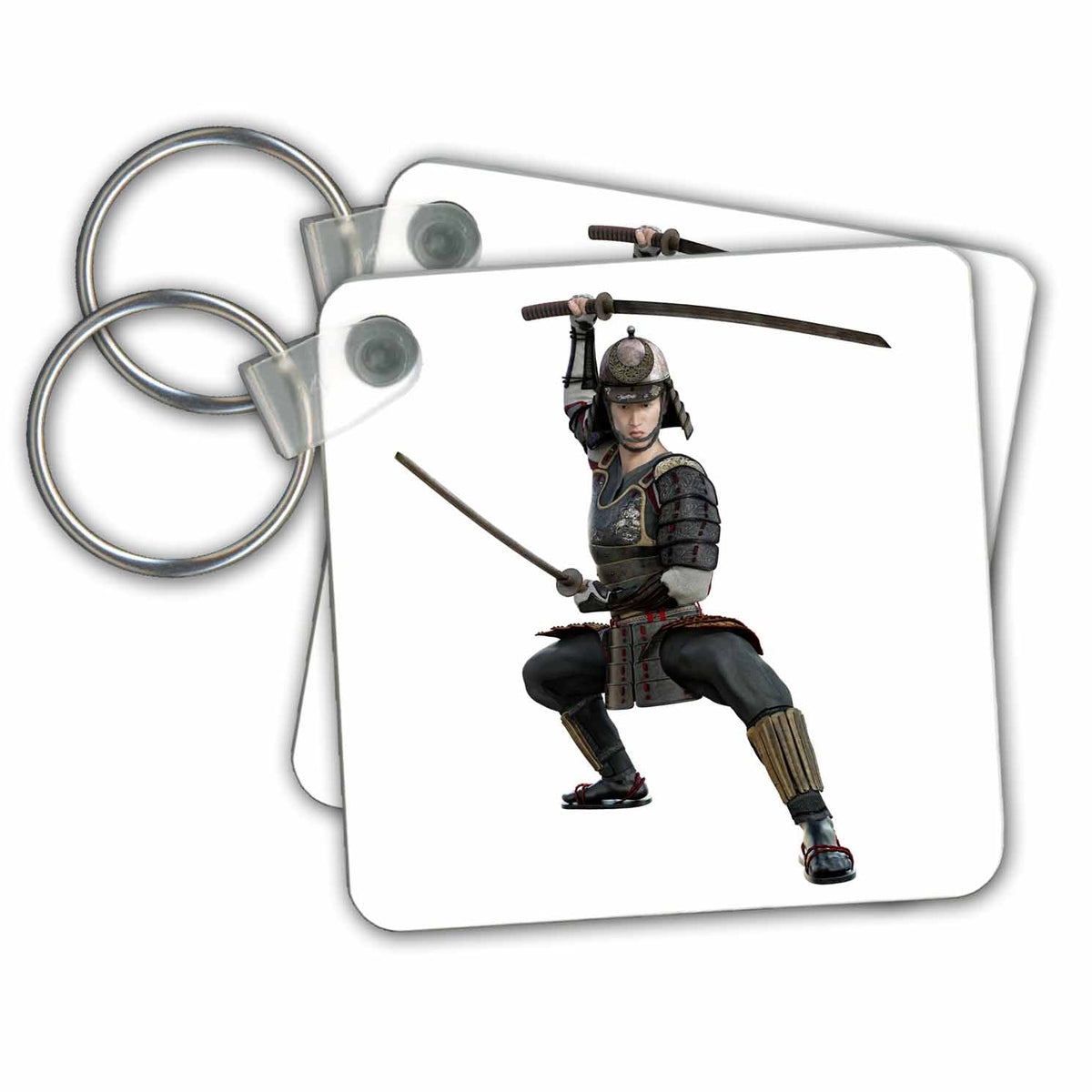 Key Chain - A Samurai using Two Swords Squatting and Looking to Front Graphics Martial Arts