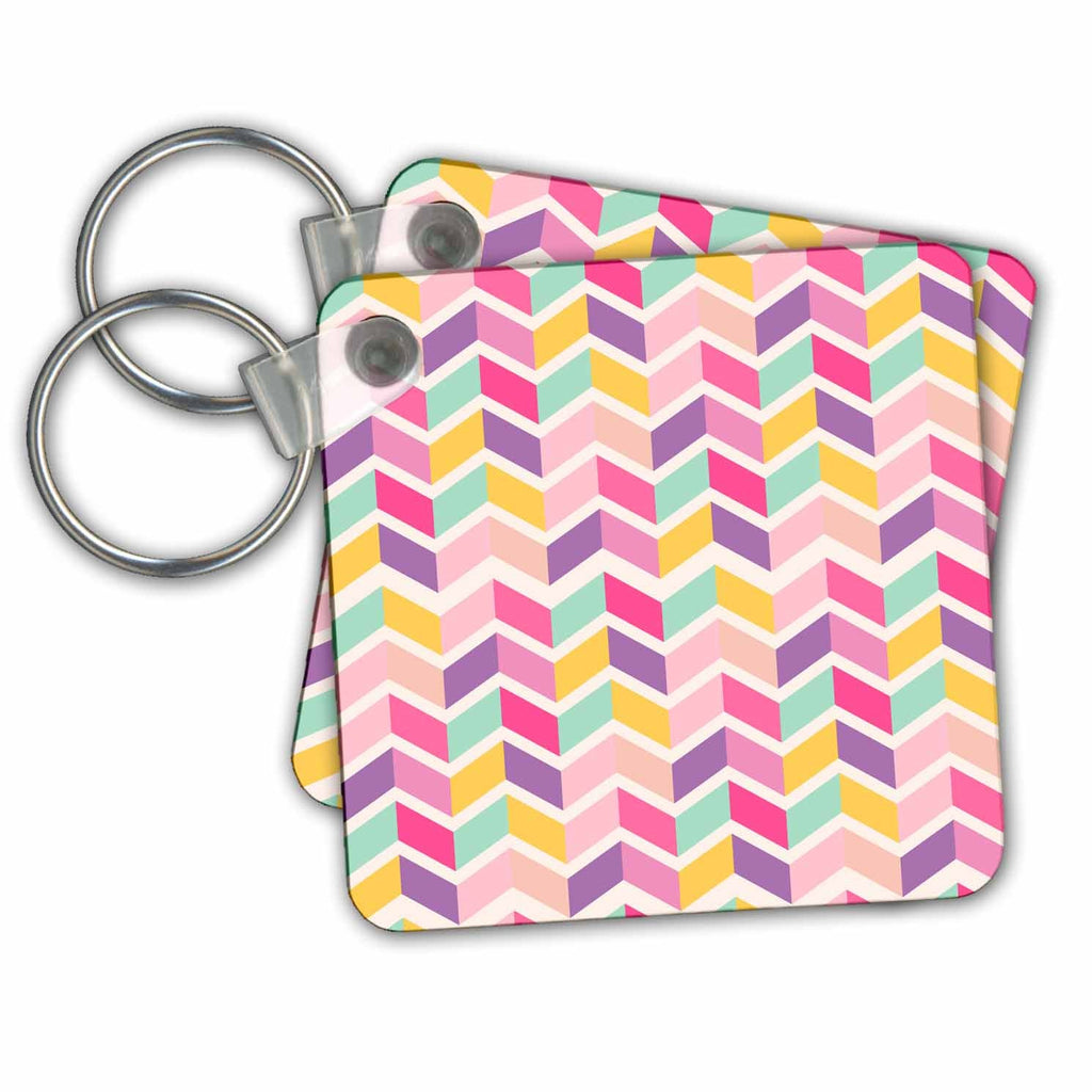 3dRose Key Chains Pink, Purple, Yellow, Mint Green Broken Chevron Stripes Pattern (kc-255005-1)