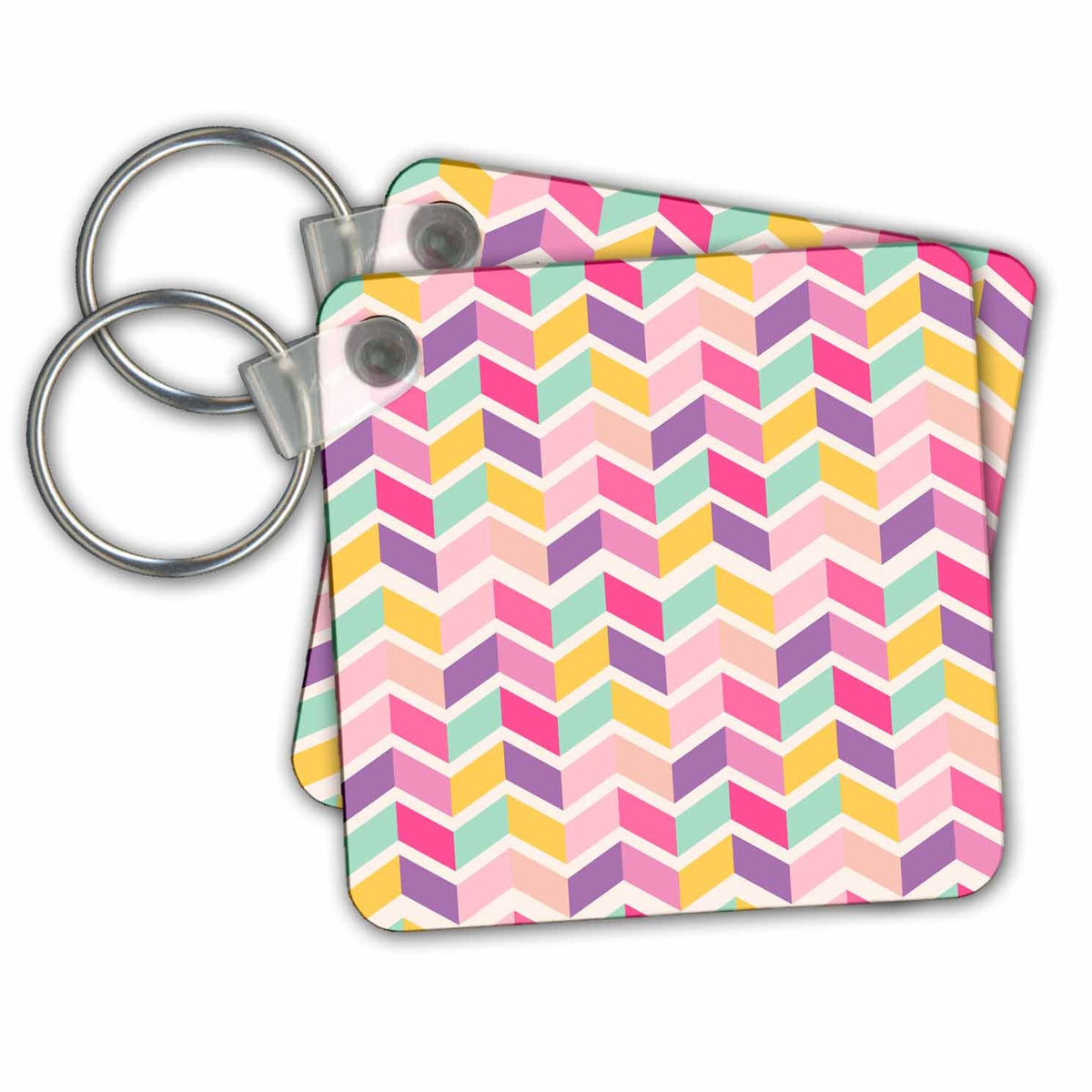3dRose Key Chains Pink, Purple, Yellow, Mint Green Broken Chevron Stripes Pattern (kc-255005-1)