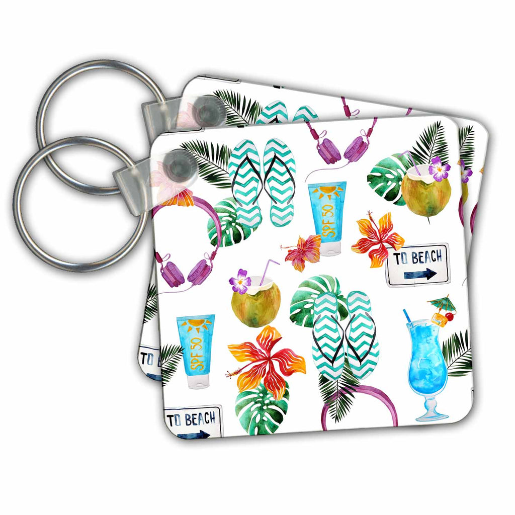 3dRose Key Chains Beach, flip Flops, Drinks, Tropical Flowers, Pattern (kc-255017-1)
