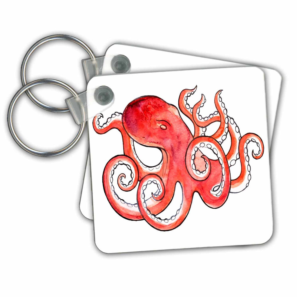 3dRose Key Chains Pink Watercolor Octopus Illustration (kc-255022-1)