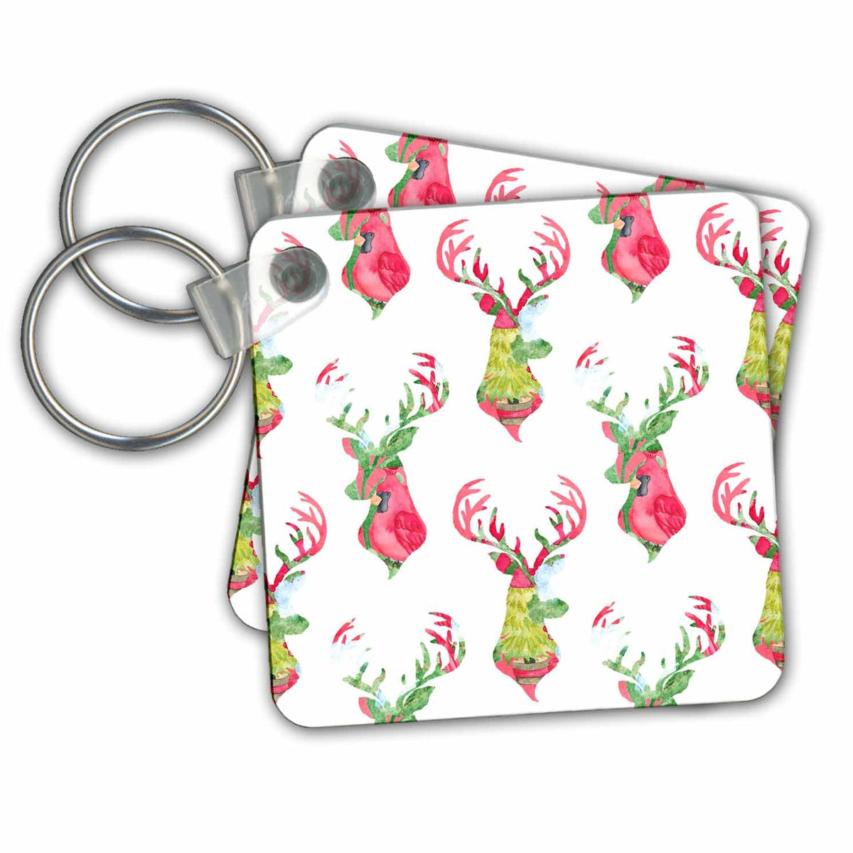 Key Chain - Watercolor Double Patterned Deer - Buck Christmas Pattern Christmas