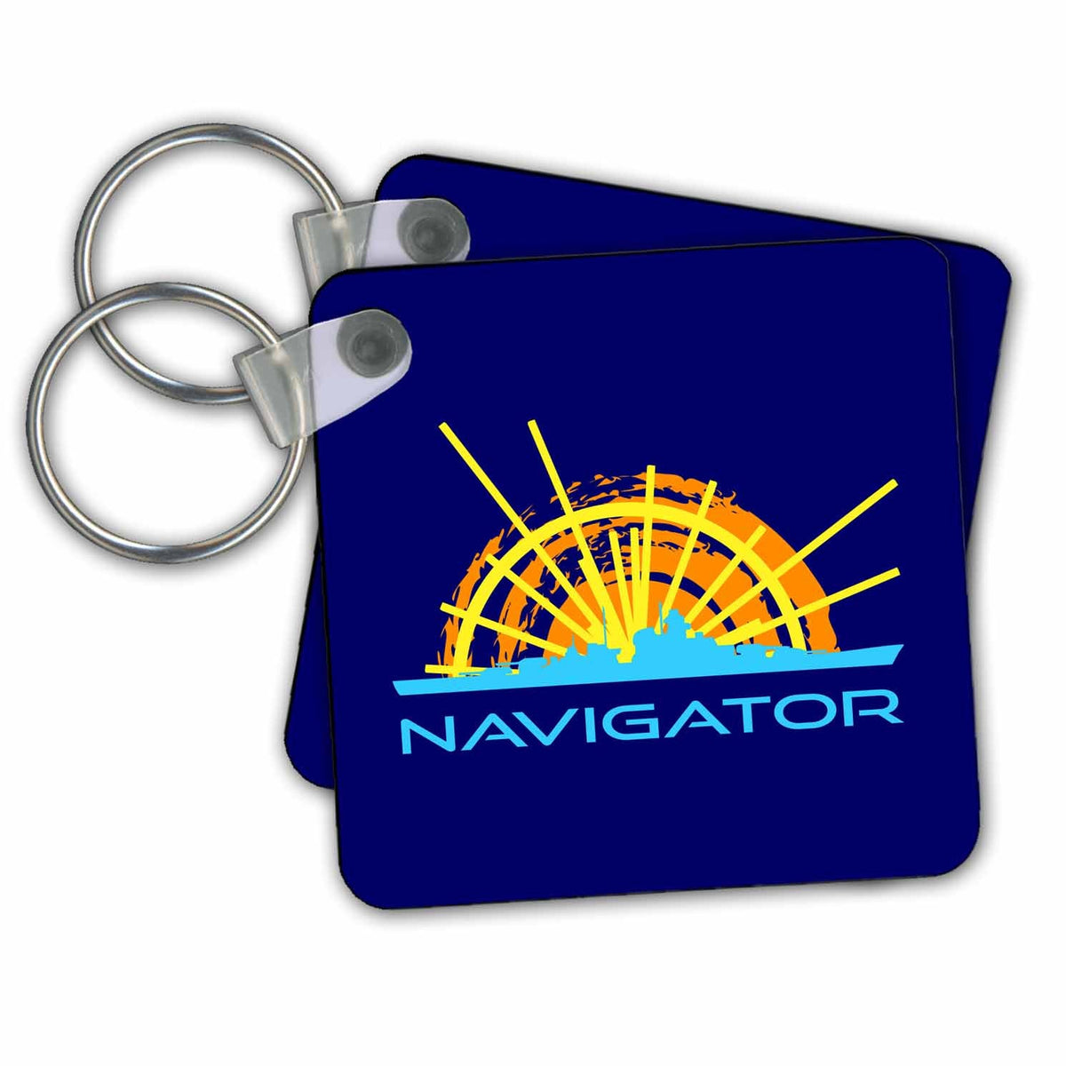 Key Chain - Navigator. Sun, ship silhouette, text navigator. Dark blue background Alexis Design - Transport