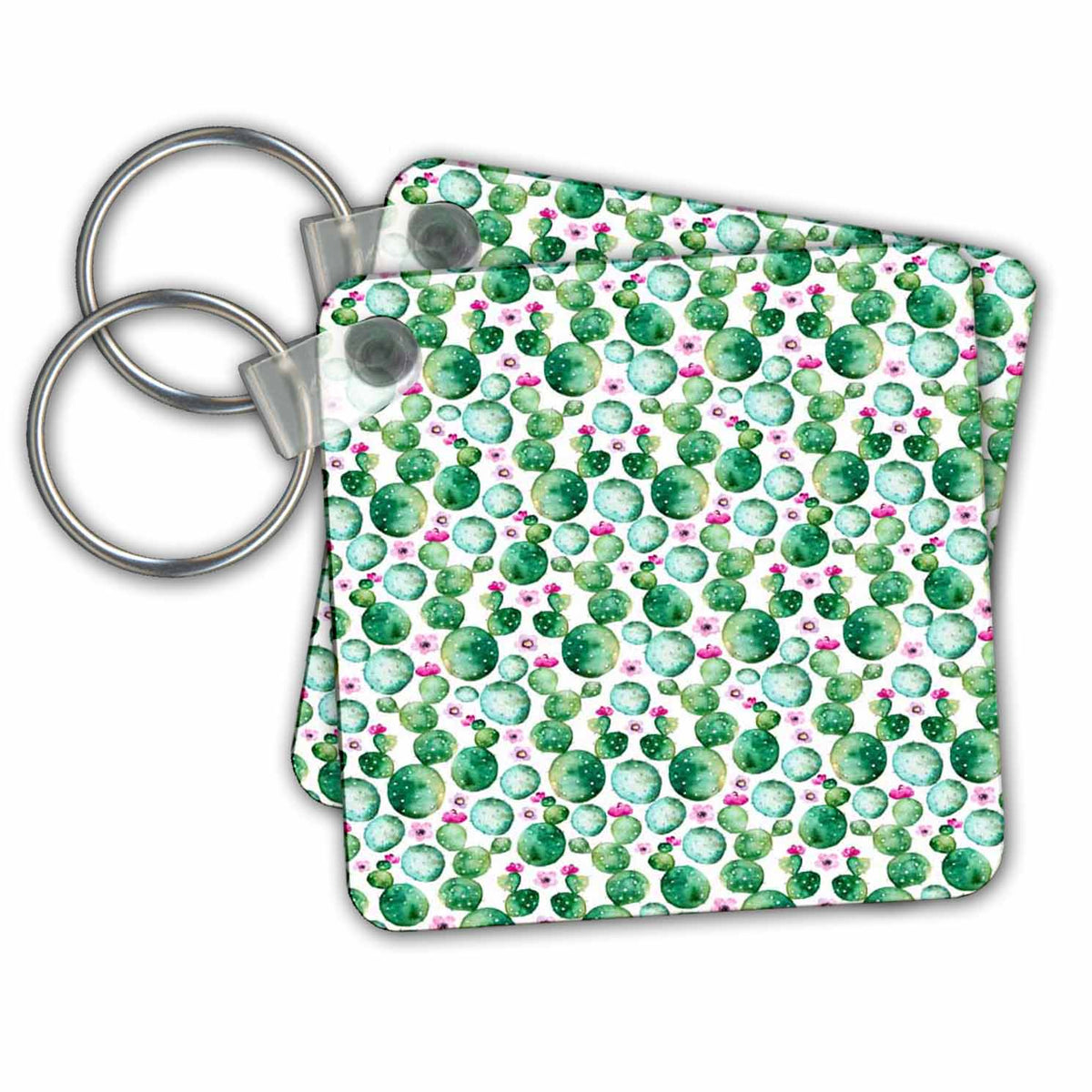 Key Chain - Watercolor Green, Pink, and Purple Floral Cactus Pattern Pattern