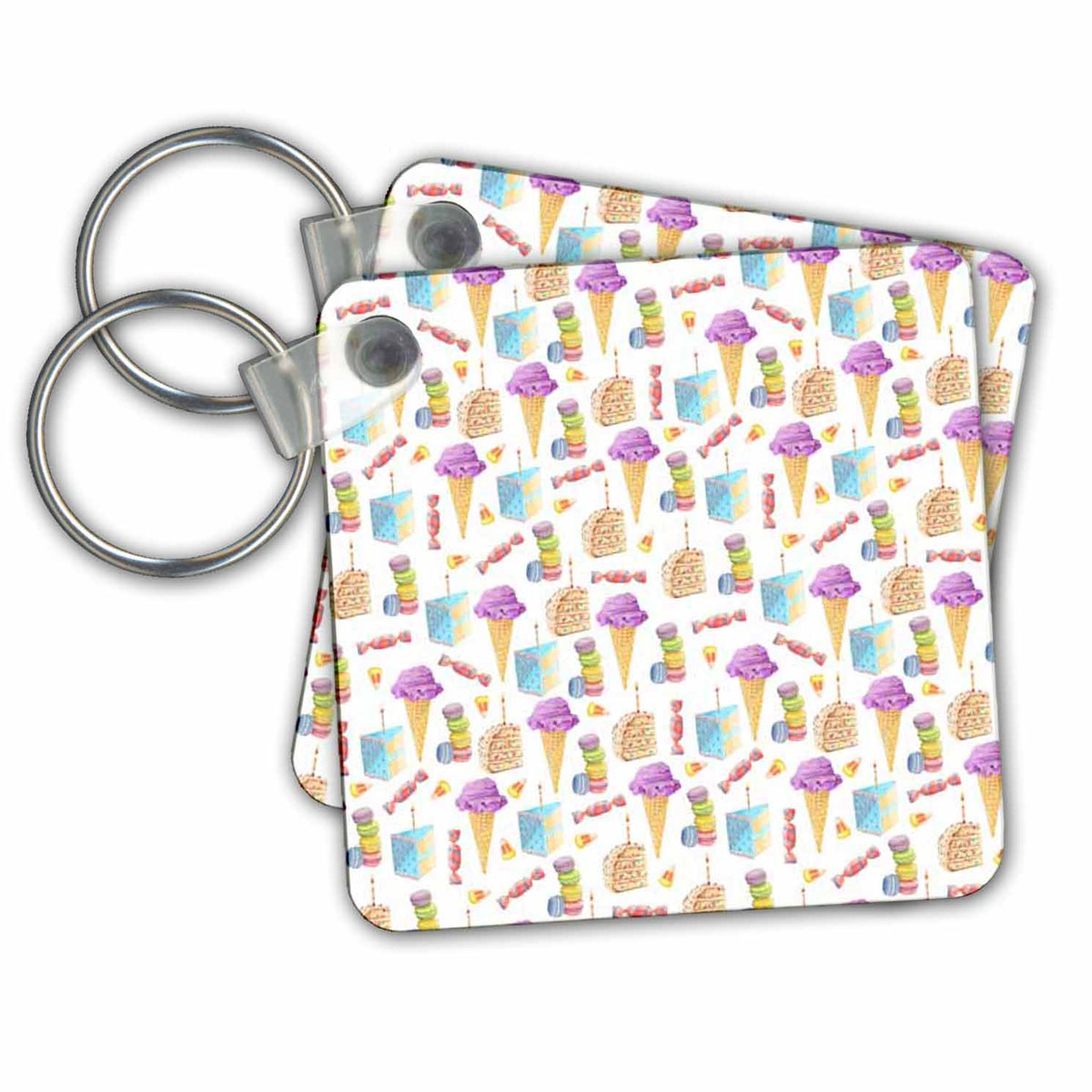 Key Chain - Cute Purple and Blue Ice Cream Cones, Cake, Cookies, Candy Pattern Pattern