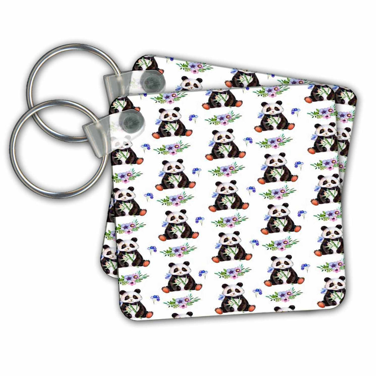 Key Chain - Cute Watercolor Panda Bears and Floral Pattern Pattern