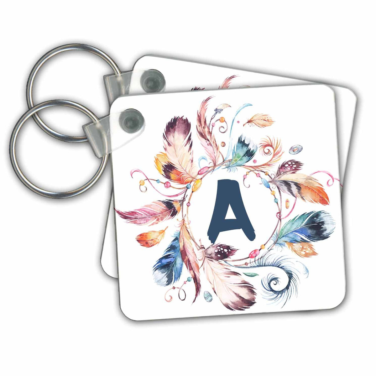 Key Chain - Boho Feather Wreath With A Monogram A Initial Watercolor Design Monograms